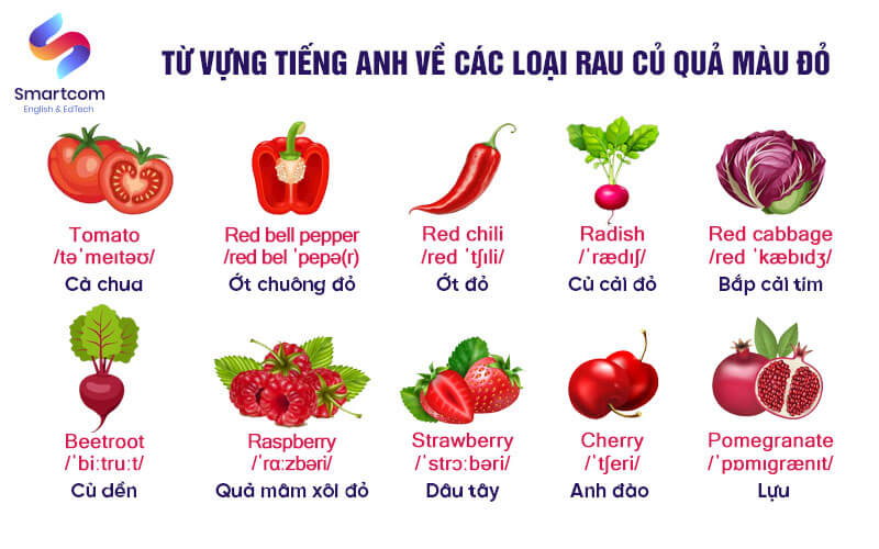 từ vựng tiếng anh về các loại rau của quả màu đỏ