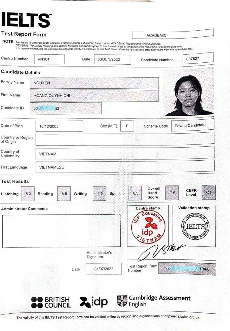 Nguyẽn Hoàng Quỳnh Chi IELTS 7.5 1