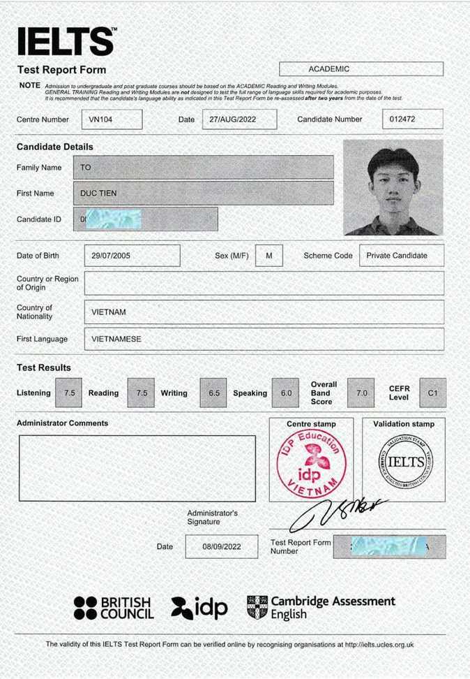 Tô Đức Tiến: IELTS 7.0, Khóa IELTS Special 6 tháng, Điểm đầu vào: 4.0