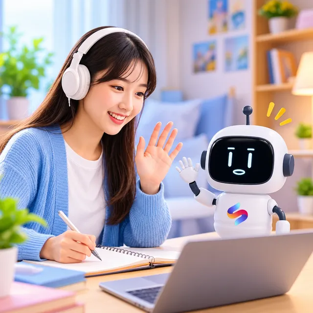Học viên đeo tai nghe luyện nói tiếng Anh cùng robot Smartea trên laptop