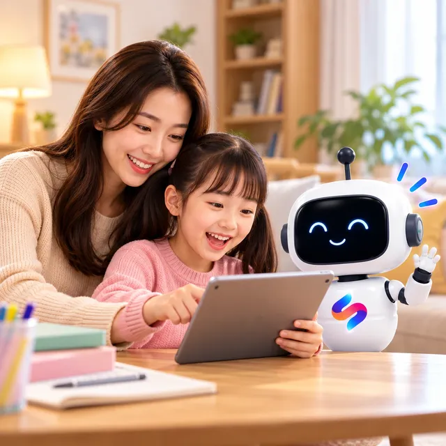 Mẹ và con gái cùng học tiếng Anh với robot Smartea trên máy tính bảng