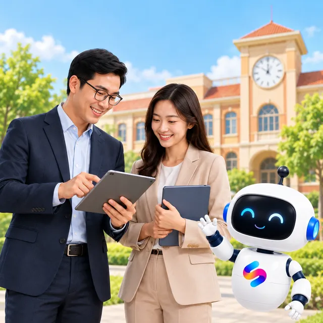 Đại diện trường học cùng robot Smartea trước tòa nhà trường
