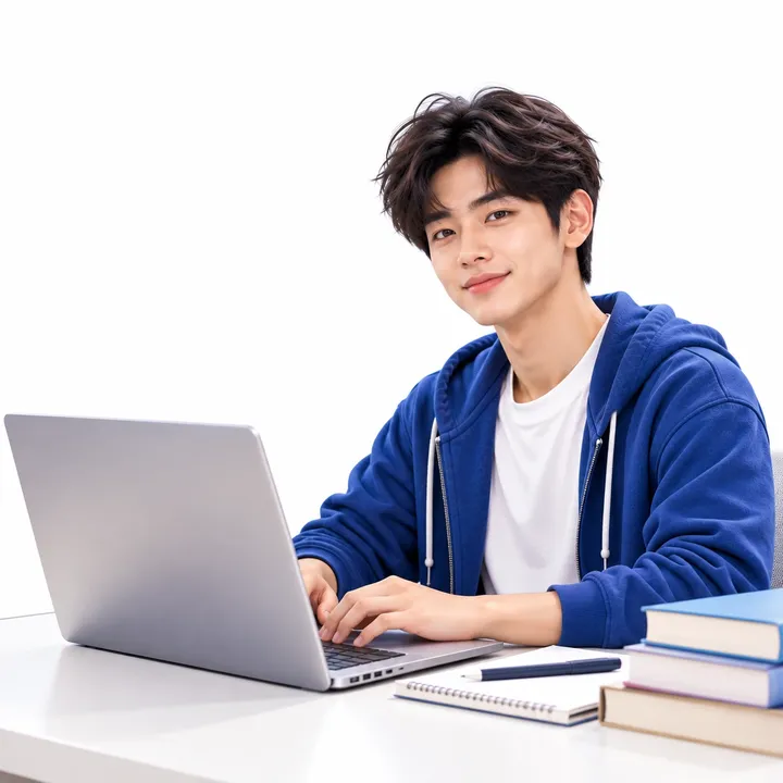 Học viên mỉm cười học tiếng Anh trên laptop