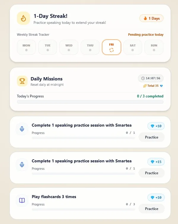Màn hình chuỗi Streak trong tuần và nhiệm vụ hằng ngày của Smartea
